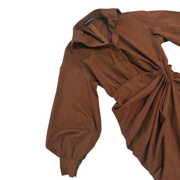 Balloon Sleeve Gathered Skirt Midi Shirt Dress - Picture 3 of 8